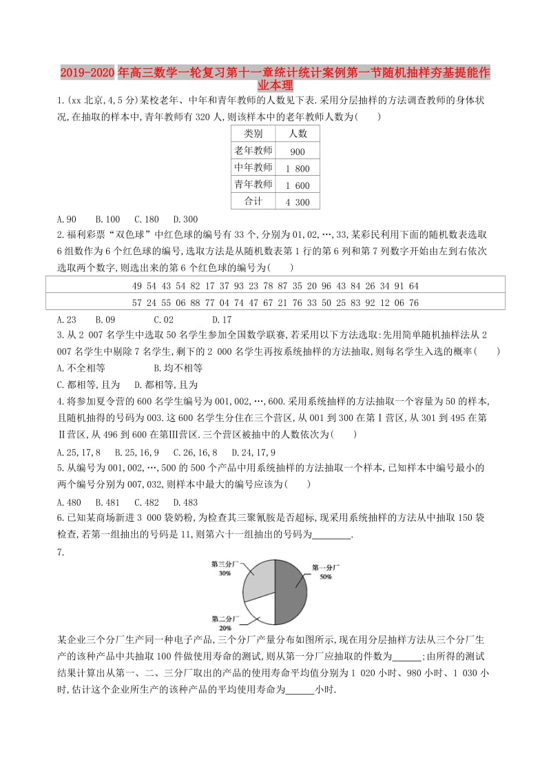 2019-2020年高三数学一轮复习第十一章统计统计案例第一节随机抽样夯基提能作业本理.doc_第1页