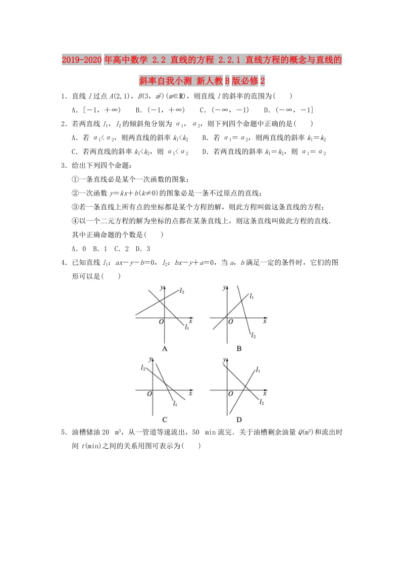 2019-2020年高中数学 2.2 直线的方程 2.2.1 直线方程的概念与直线的斜率自我小测 新人教B版必修2.doc_第1页