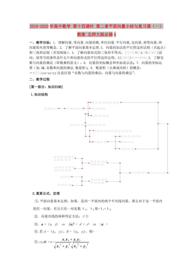 2019-2020年高中数学 第十四课时 第二章平面向量小结与复习课（一）教案 北师大版必修4.doc_第1页