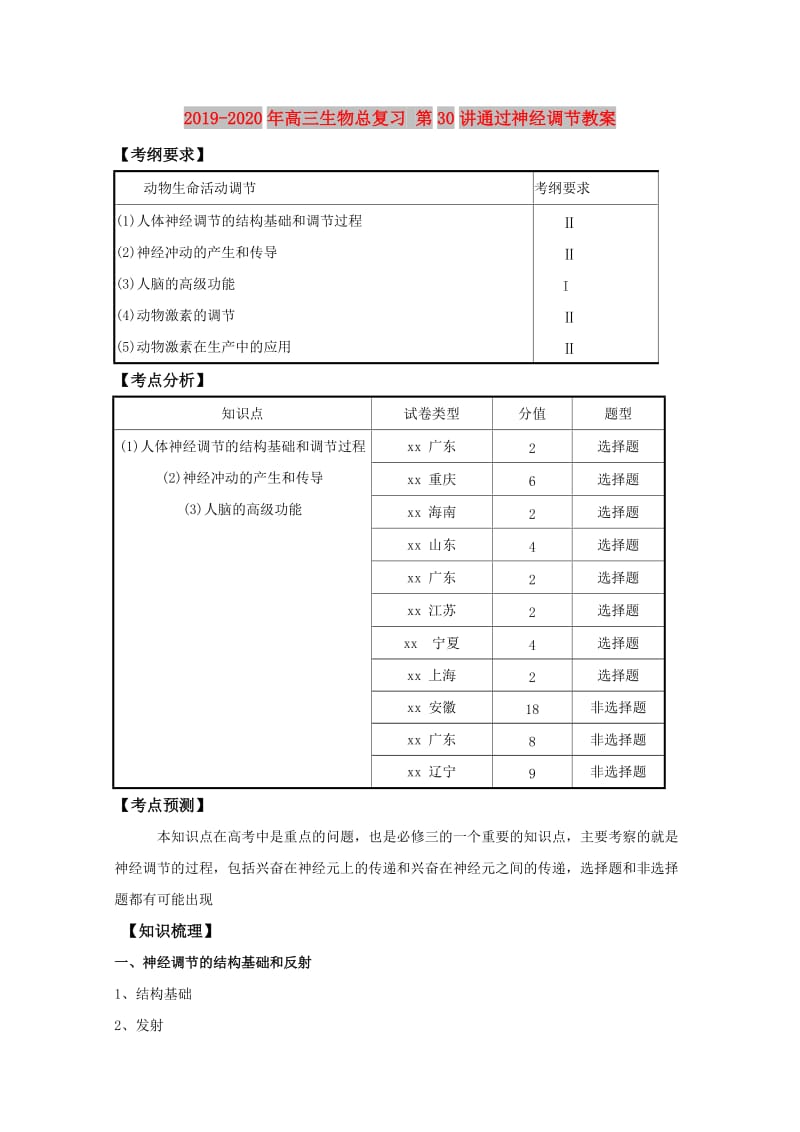 2019-2020年高三生物总复习 第30讲通过神经调节教案.doc_第1页