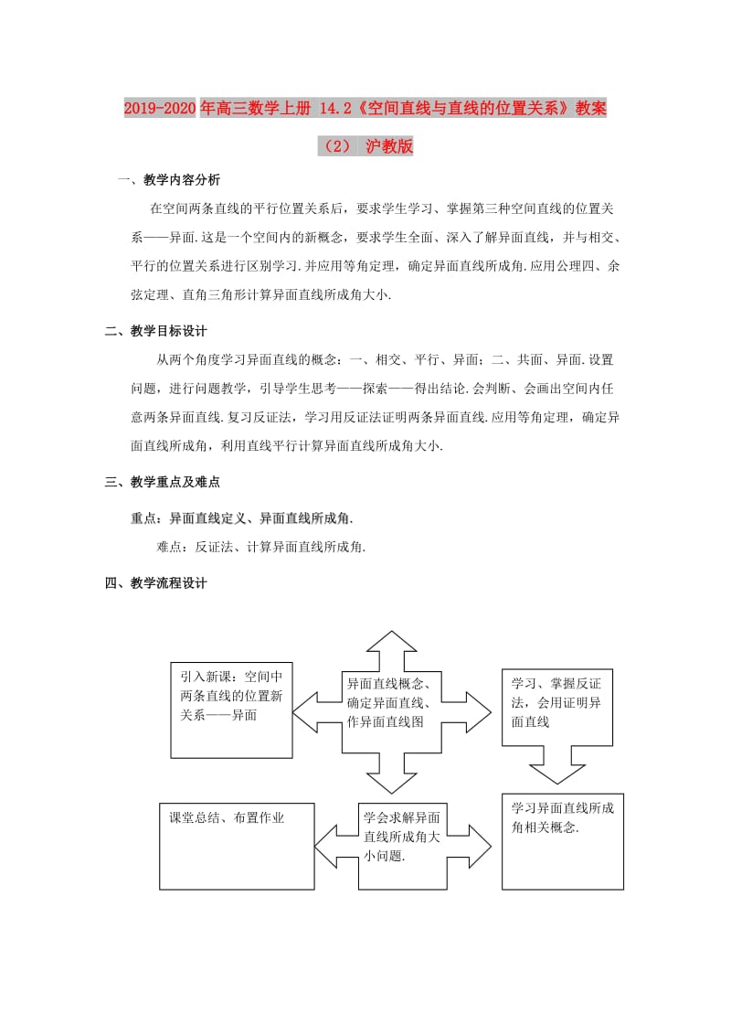 2019-2020年高三数学上册 14.2《空间直线与直线的位置关系》教案（2） 沪教版.doc_第1页