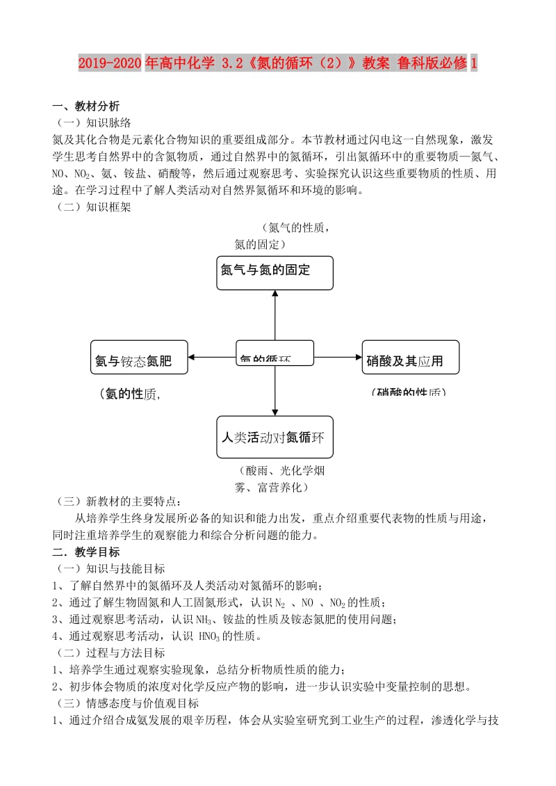 2019-2020年高中化学 3.2《氮的循环（2）》教案 鲁科版必修1.doc_第1页