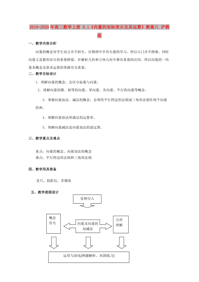 2019-2020年高二数学上册 8.1《向量的坐标表示及其运算》教案八 沪教版.doc_第1页