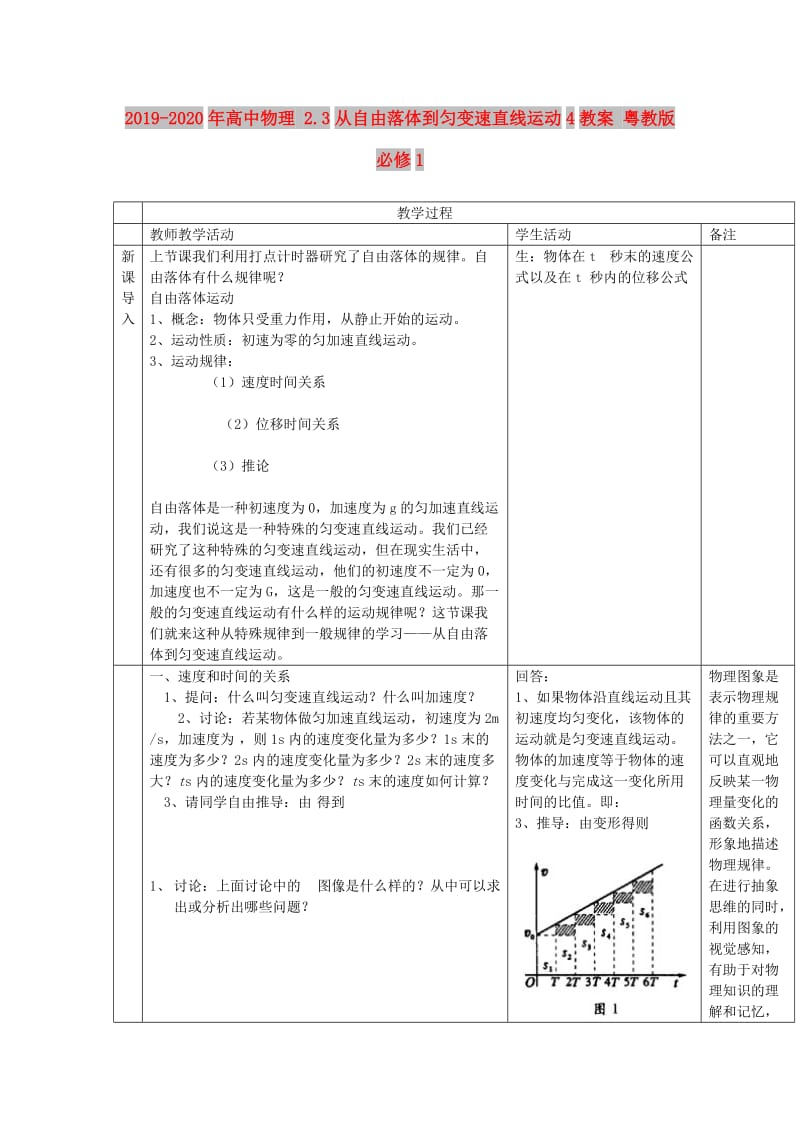 2019-2020年高中物理 2.3从自由落体到匀变速直线运动4教案 粤教版必修1.doc_第1页