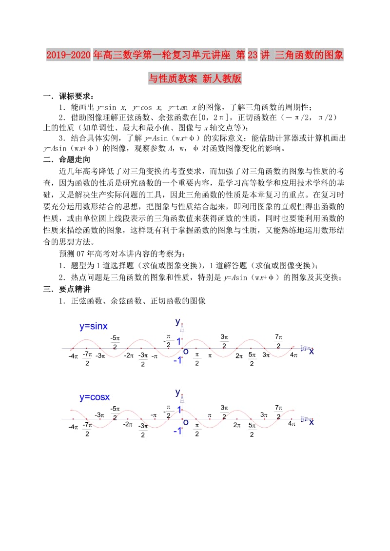 2019-2020年高三数学第一轮复习单元讲座 第23讲 三角函数的图象与性质教案 新人教版.doc_第1页