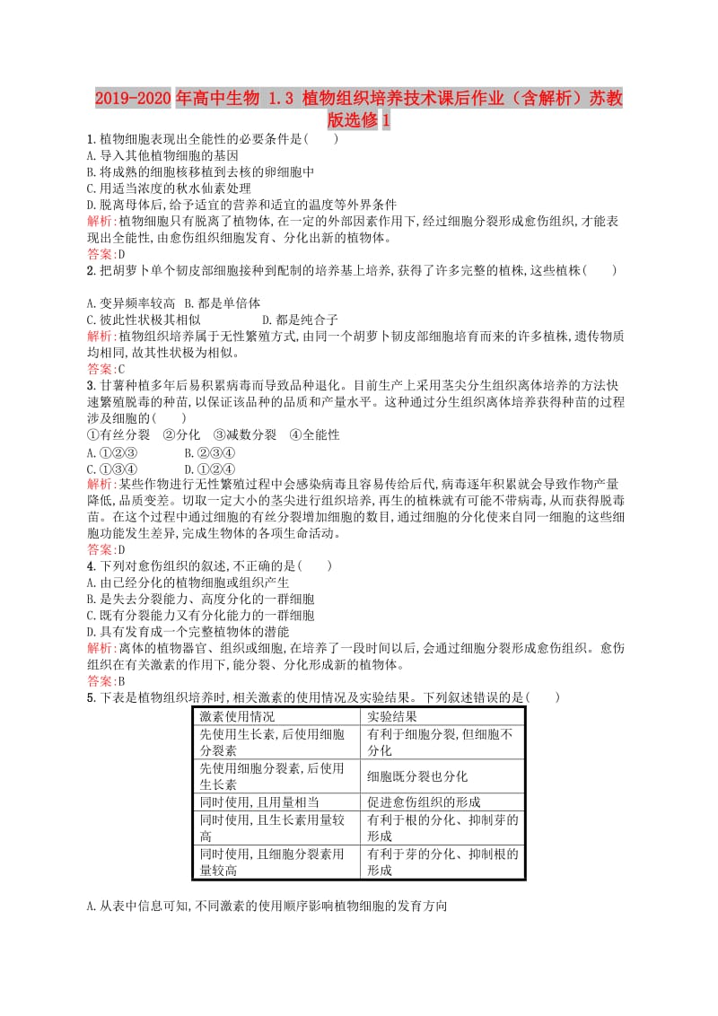 2019-2020年高中生物 1.3 植物组织培养技术课后作业（含解析）苏教版选修1.doc_第1页