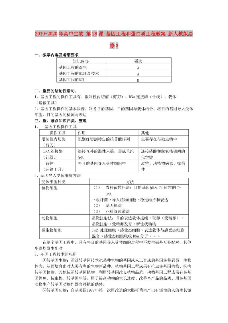 2019-2020年高中生物 第28课 基因工程和蛋白质工程教案 新人教版必修3.doc_第1页