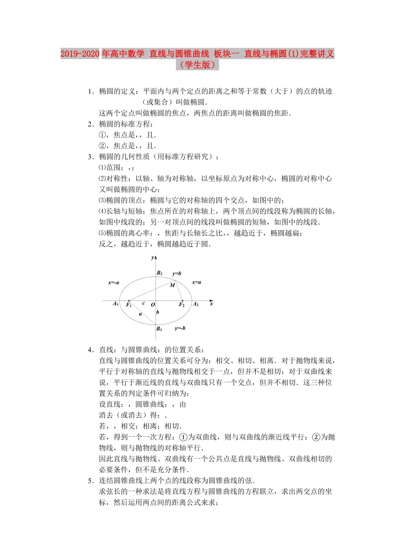 2019-2020年高中数学 直线与圆锥曲线 板块一 直线与椭圆(1)完整讲义（学生版）.doc_第1页