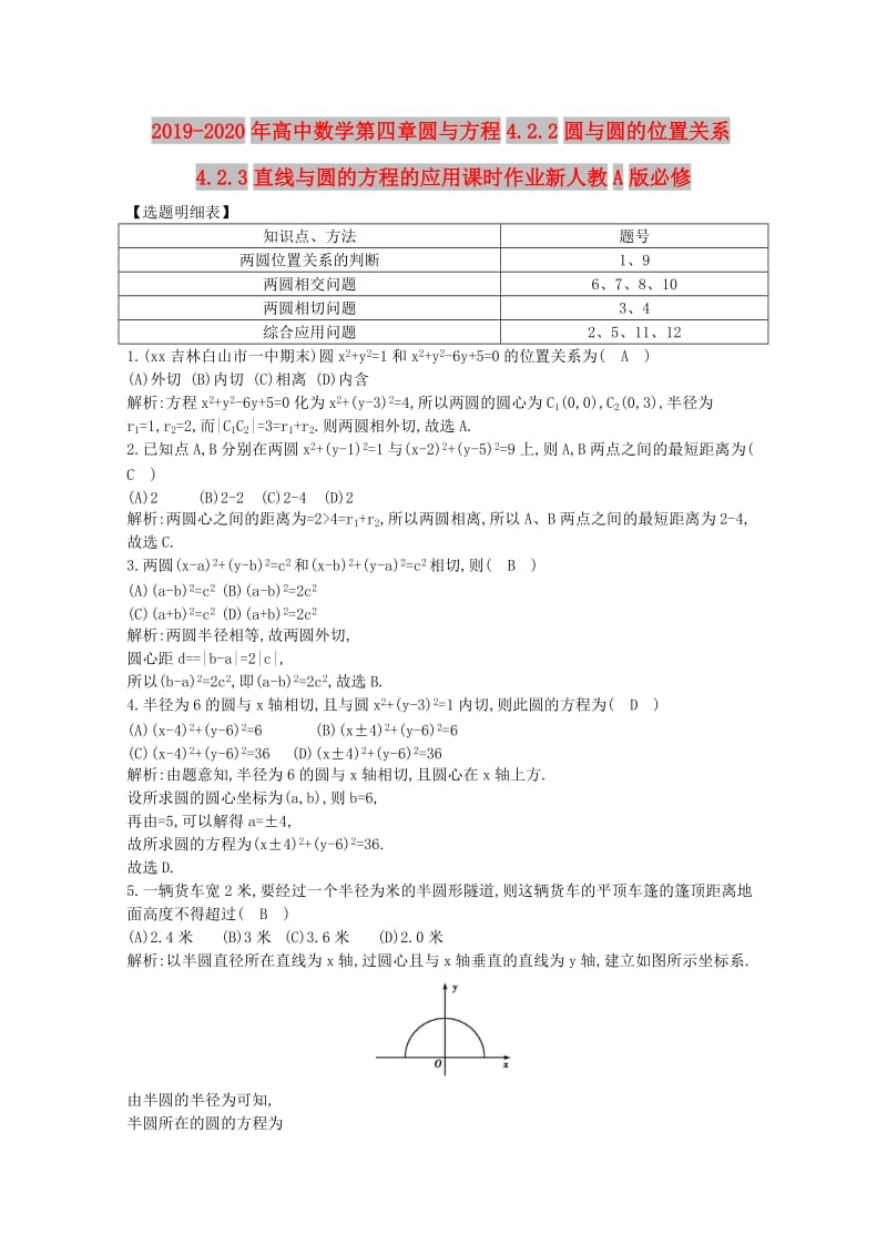 2019-2020年高中数学第四章圆与方程4.2.2圆与圆的位置关系4.2.3直线与圆的方程的应用课时作业新人教A版必修.doc_第1页