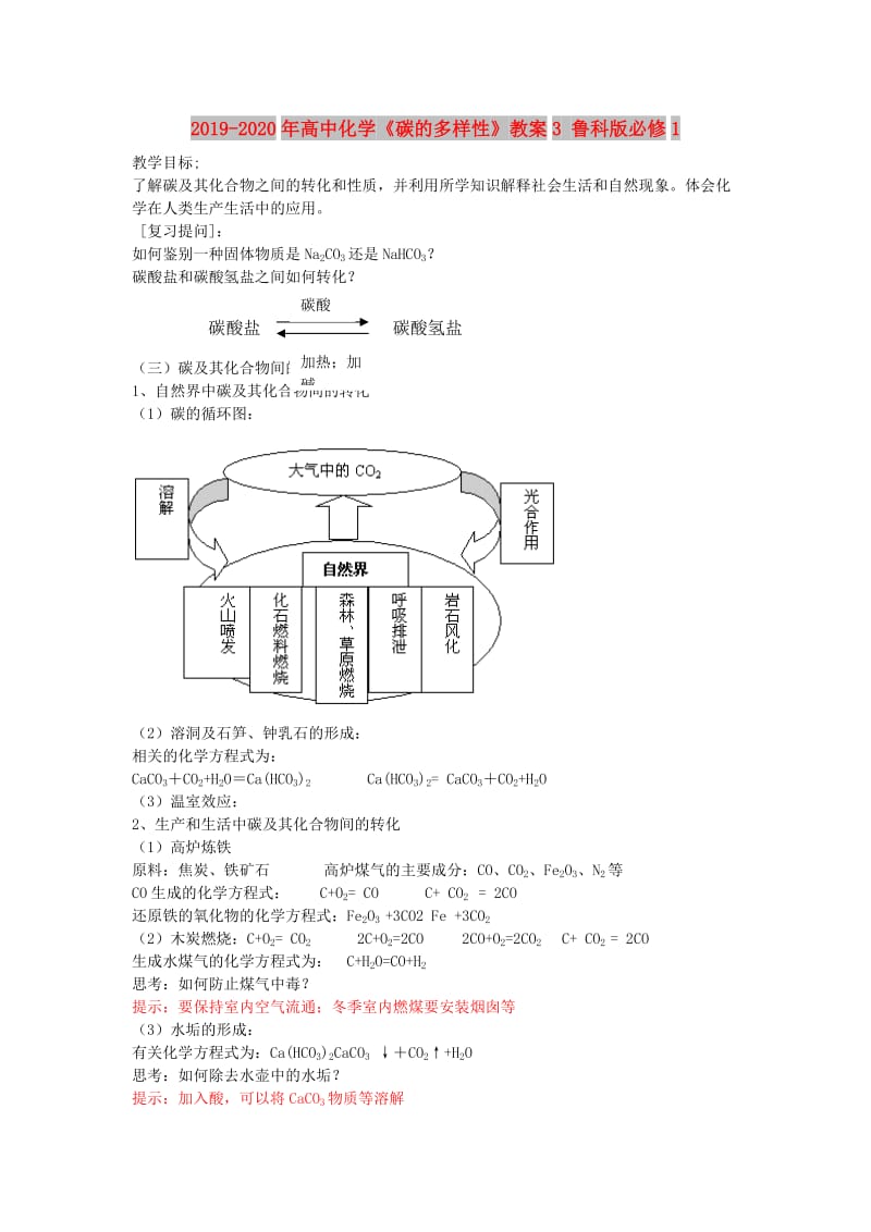 2019-2020年高中化学《碳的多样性》教案3 鲁科版必修1.doc_第1页