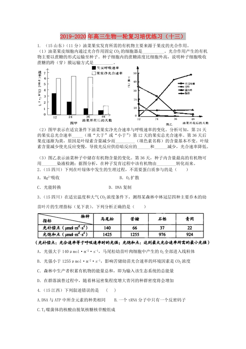 2019-2020年高三生物一轮复习培优练习（十三）.doc_第1页