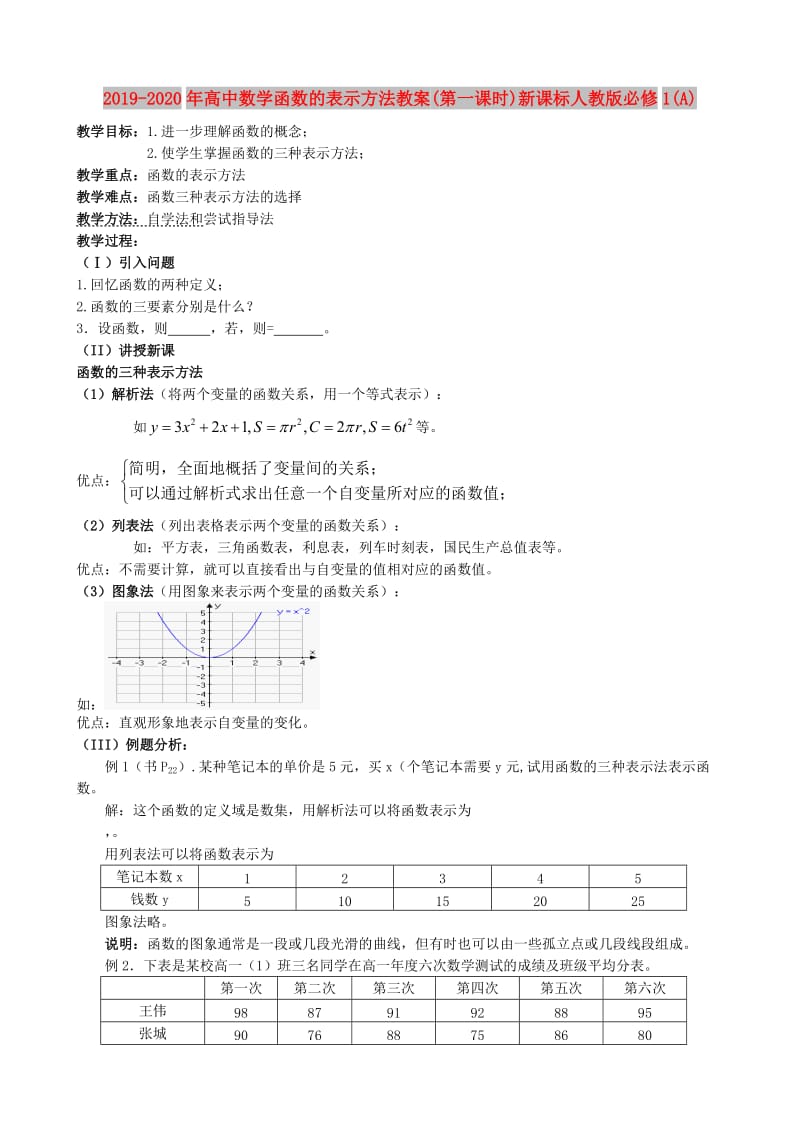 2019-2020年高中数学函数的表示方法教案(第一课时)新课标人教版必修1(A).doc_第1页