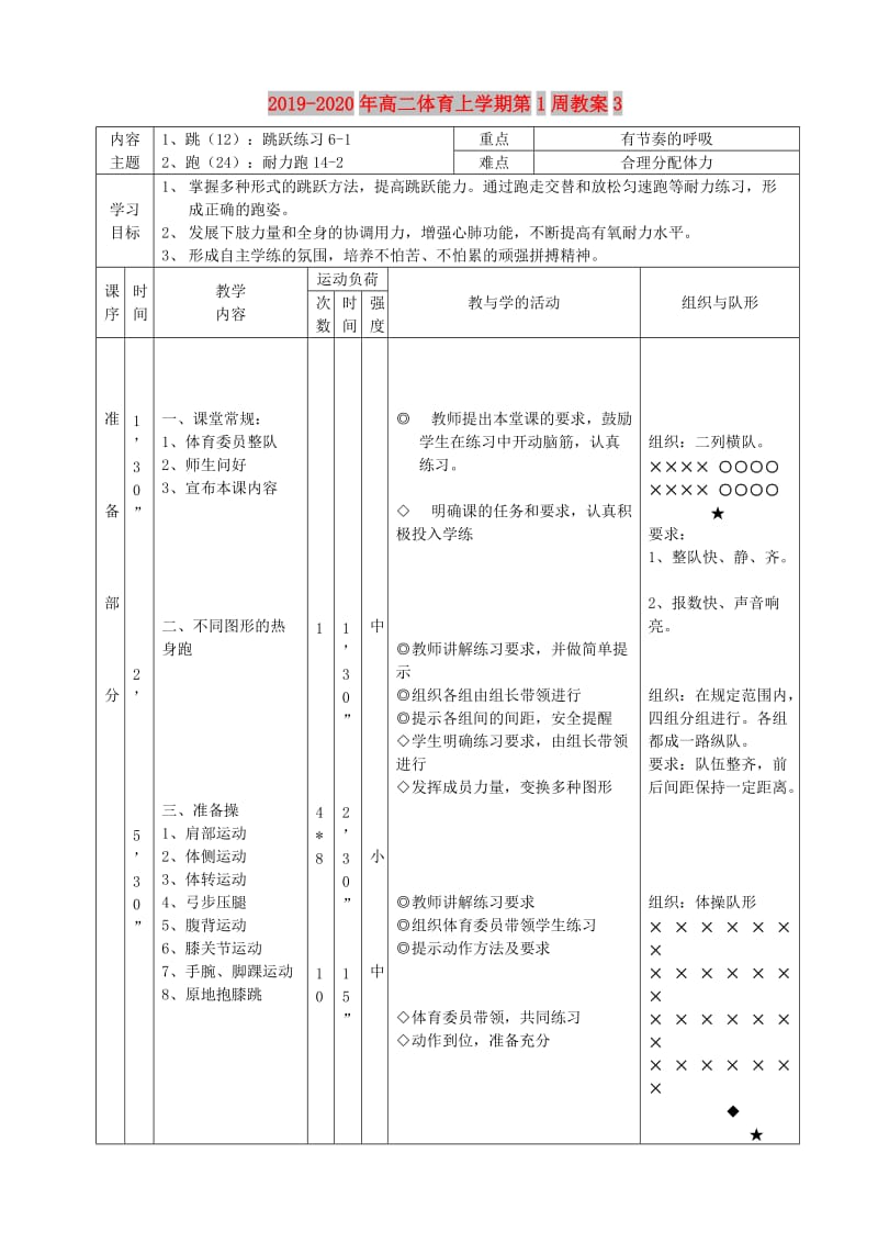 2019-2020年高二体育上学期第1周教案3.doc_第1页