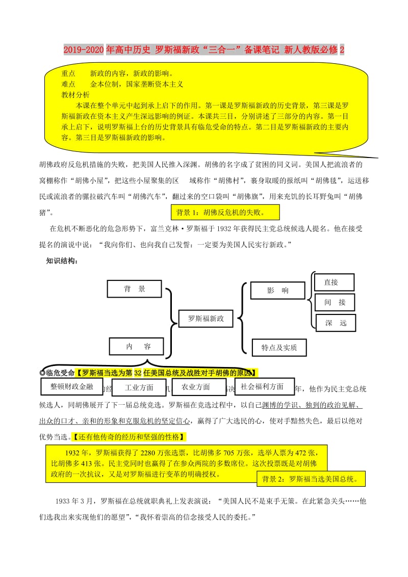 2019-2020年高中历史 罗斯福新政“三合一”备课笔记 新人教版必修2.doc_第1页