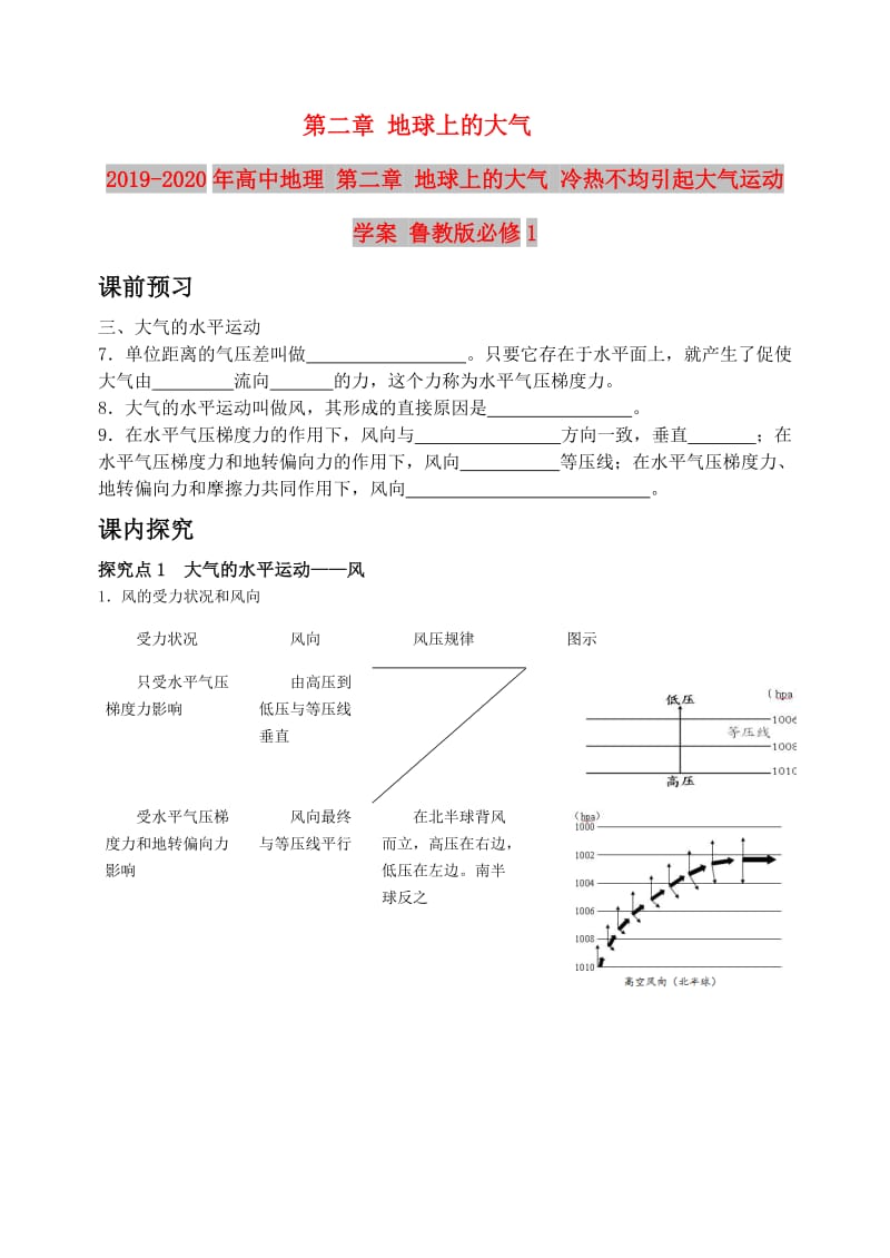 2019-2020年高中地理 第二章 地球上的大气 冷热不均引起大气运动学案 鲁教版必修1.doc_第1页