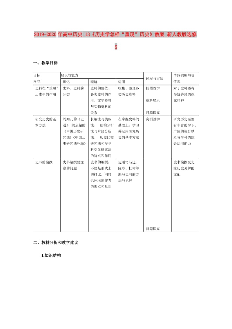 2019-2020年高中历史 13《历史学怎样“重现”历史》教案 新人教版选修5.doc_第1页