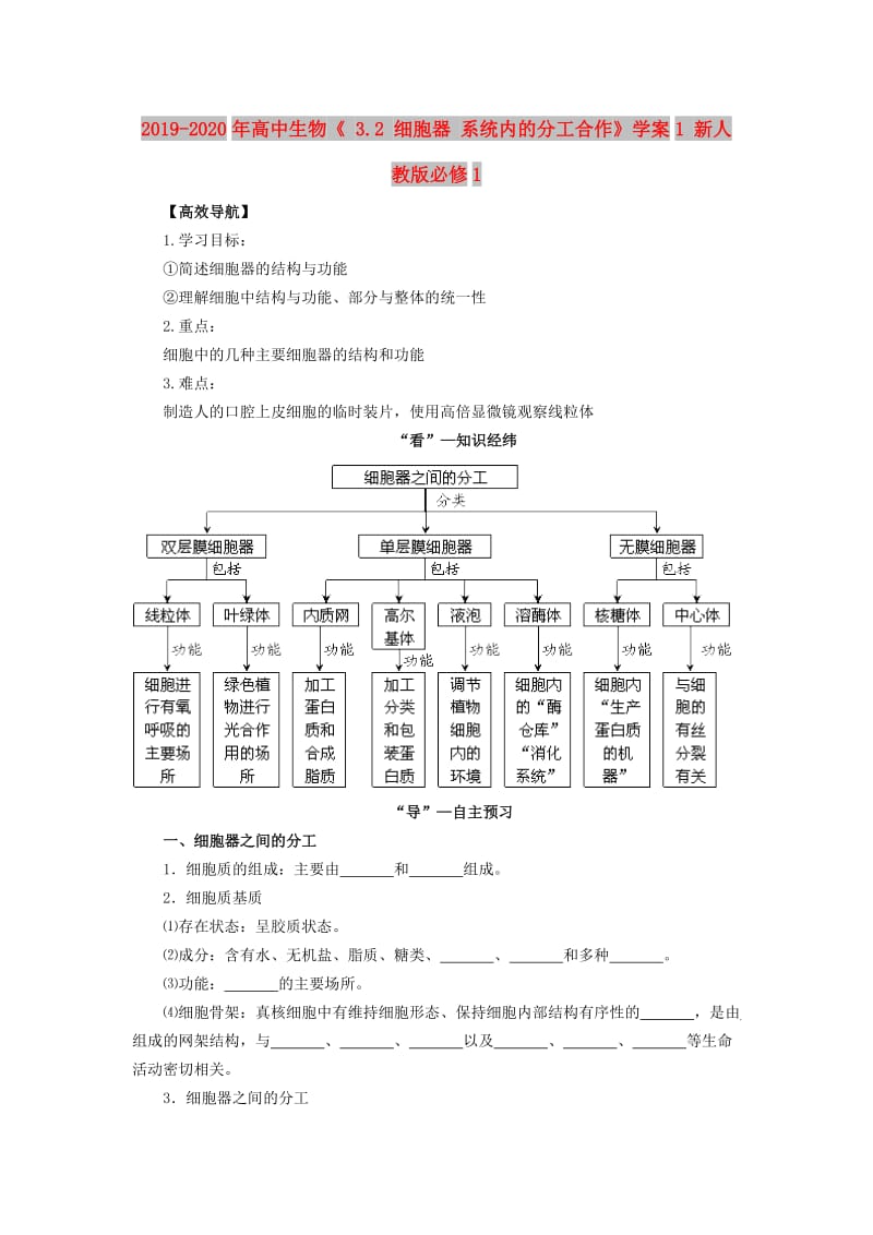 2019-2020年高中生物《 3.2 细胞器 系统内的分工合作》学案1 新人教版必修1.doc_第1页