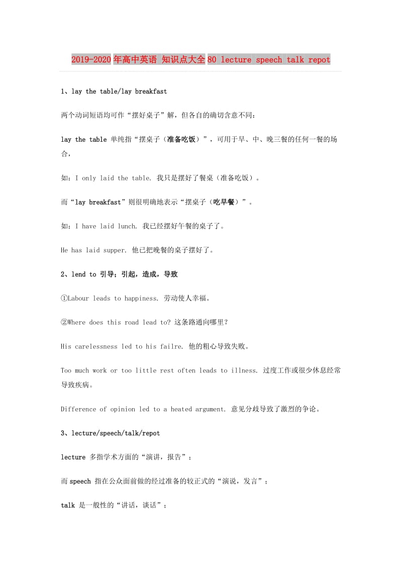 2019-2020年高中英语 知识点大全80 lecture speech talk repot.doc_第1页