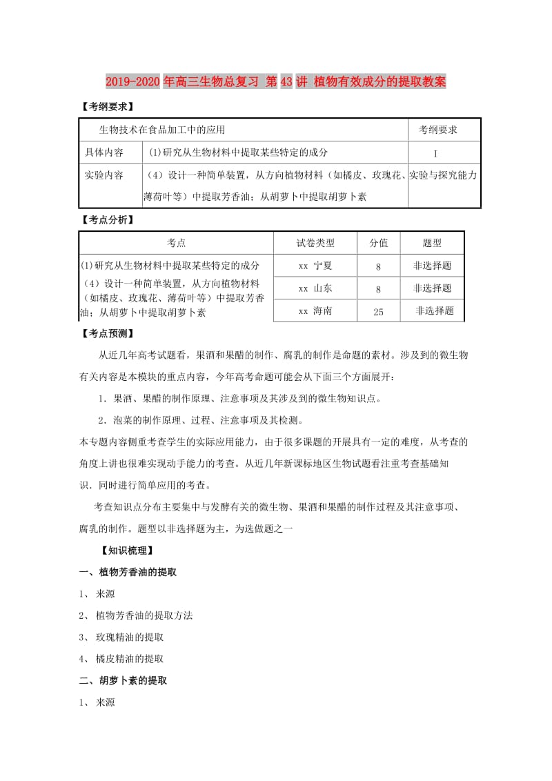 2019-2020年高三生物总复习 第43讲 植物有效成分的提取教案.doc_第1页