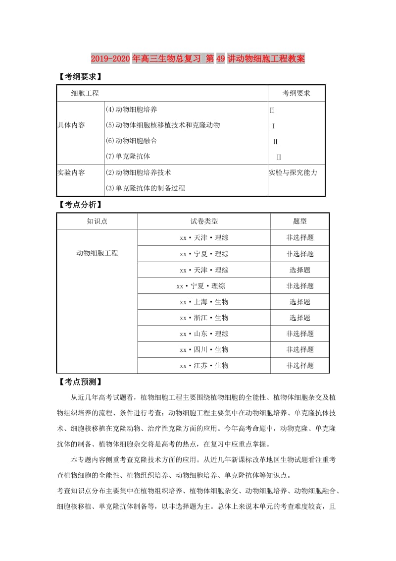 2019-2020年高三生物总复习 第49讲动物细胞工程教案.doc_第1页