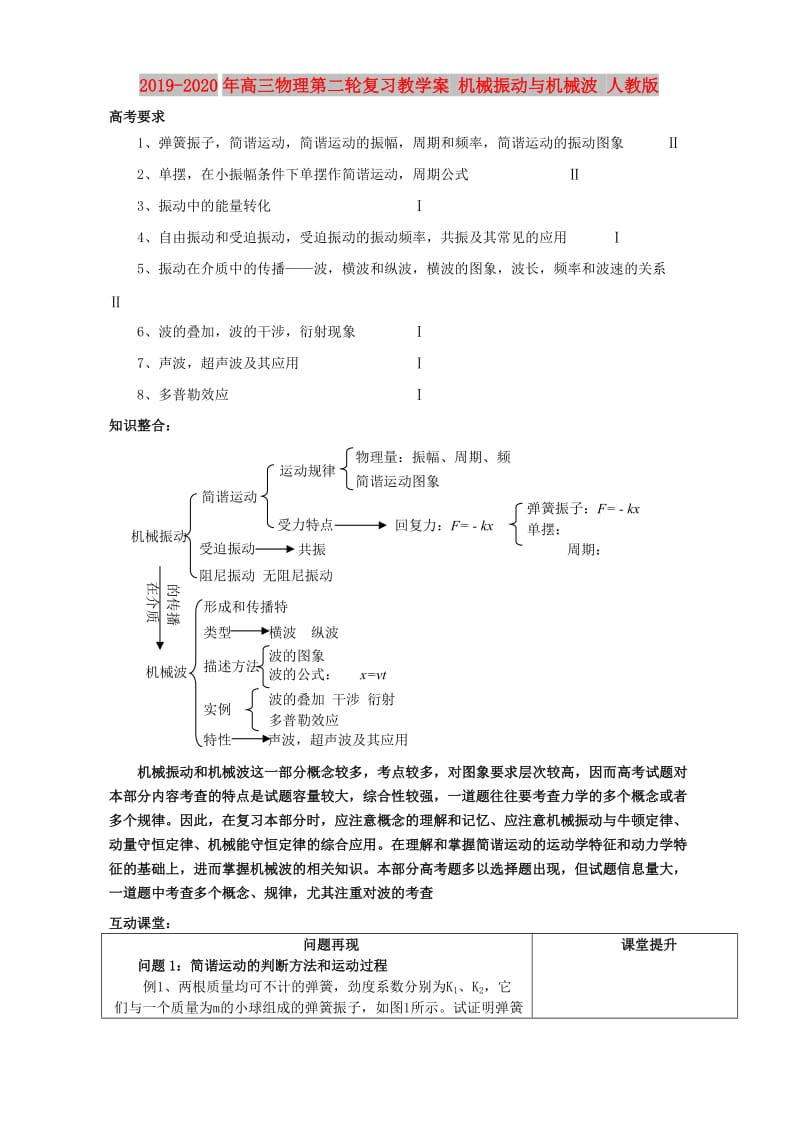 2019-2020年高三物理第二轮复习教学案 机械振动与机械波 人教版.doc_第1页