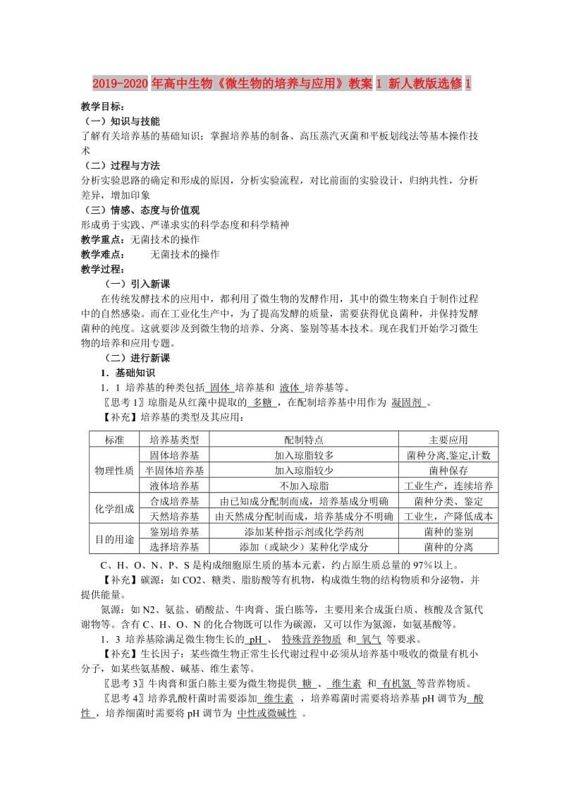 2019-2020年高中生物《微生物的培养与应用》教案1 新人教版选修1.doc_第1页