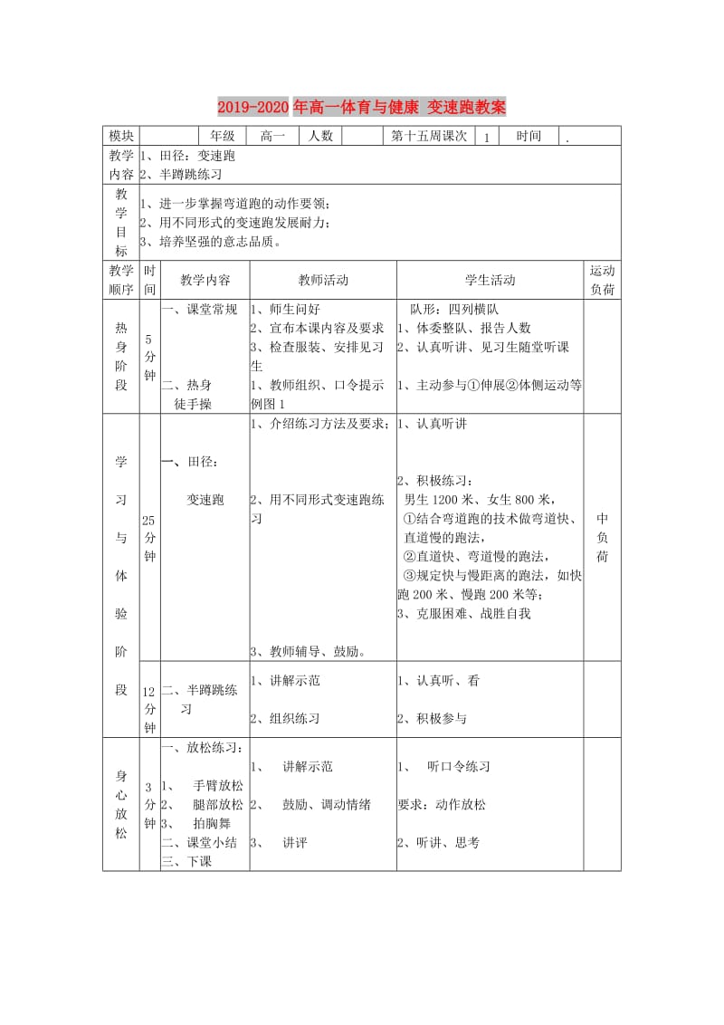 2019-2020年高一体育与健康 变速跑教案.doc_第1页