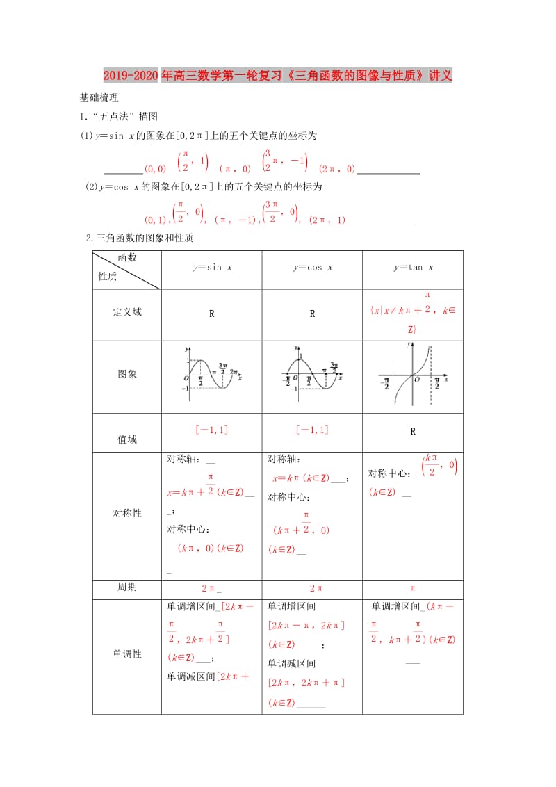 2019-2020年高三数学第一轮复习《三角函数的图像与性质》讲义.doc_第1页