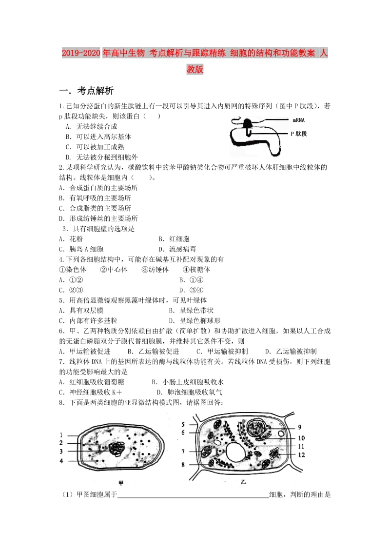 2019-2020年高中生物 考点解析与跟踪精练 细胞的结构和功能教案 人教版.doc_第1页