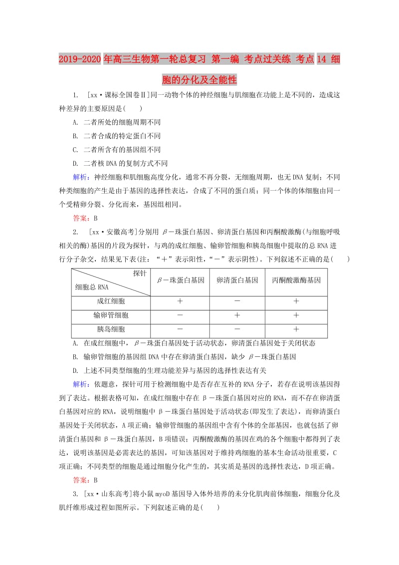 2019-2020年高三生物第一轮总复习 第一编 考点过关练 考点14 细胞的分化及全能性.doc_第1页