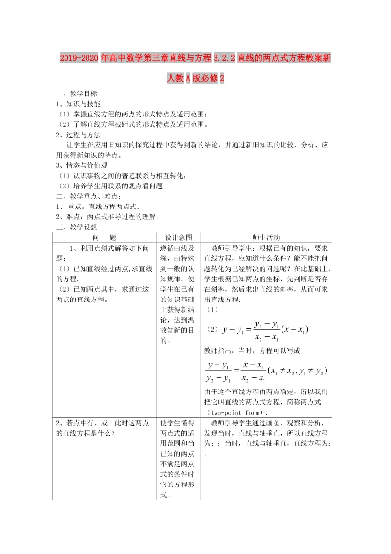 2019-2020年高中数学第三章直线与方程3.2.2直线的两点式方程教案新人教A版必修2.doc_第1页