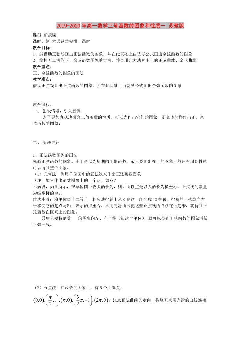 2019-2020年高一数学三角函数的图象和性质一 苏教版.doc_第1页