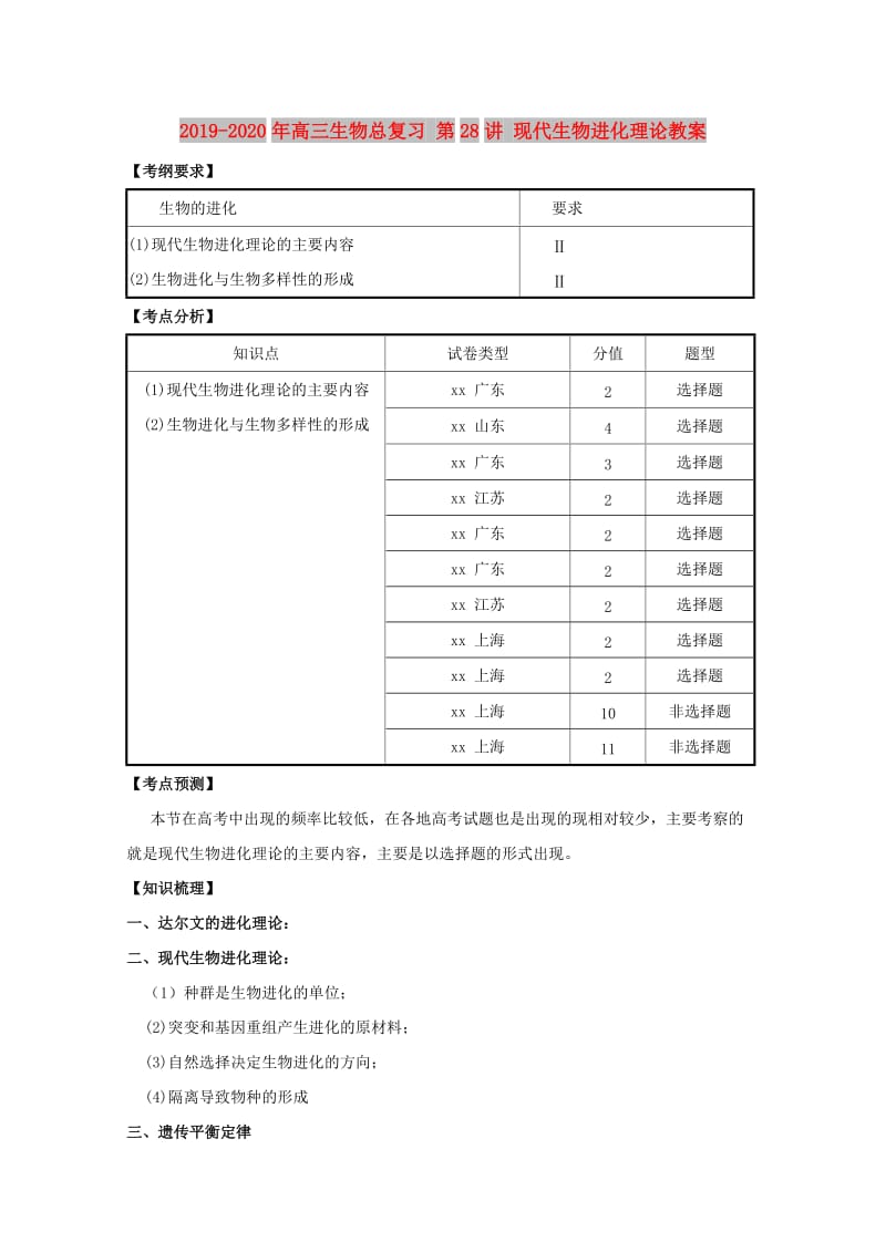 2019-2020年高三生物总复习 第28讲 现代生物进化理论教案.doc_第1页