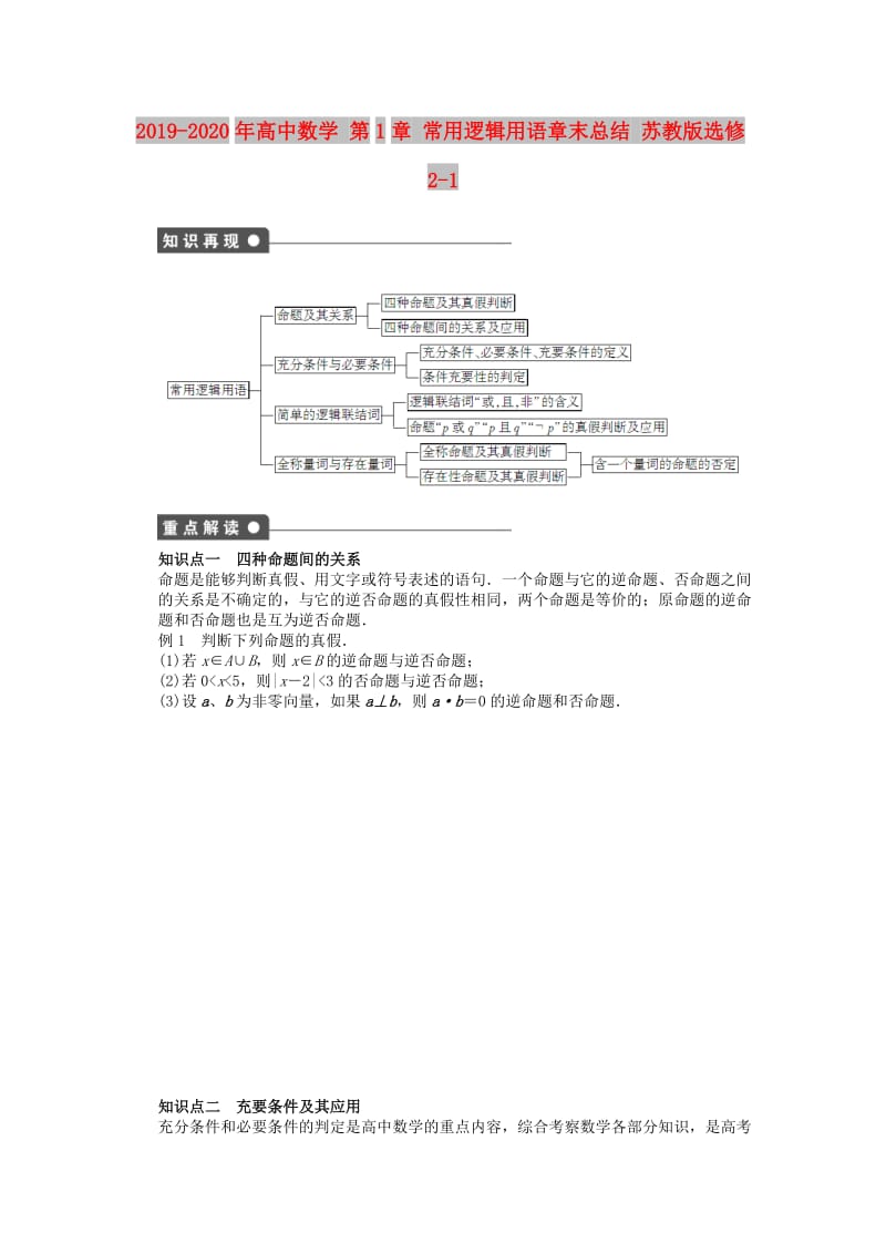 2019-2020年高中数学 第1章 常用逻辑用语章末总结 苏教版选修2-1.doc_第1页