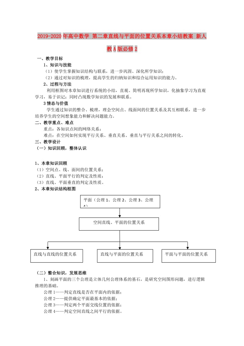 2019-2020年高中数学 第二章直线与平面的位置关系本章小结教案 新人教A版必修2.doc_第1页