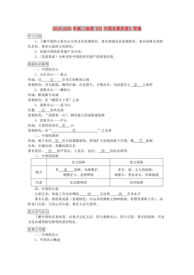 2019-2020年高二地理《22中国名景欣赏》学案 .doc_第1页