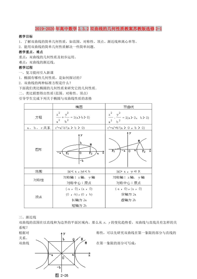 2019-2020年高中数学2.3.2双曲线的几何性质教案苏教版选修2-1.doc_第1页