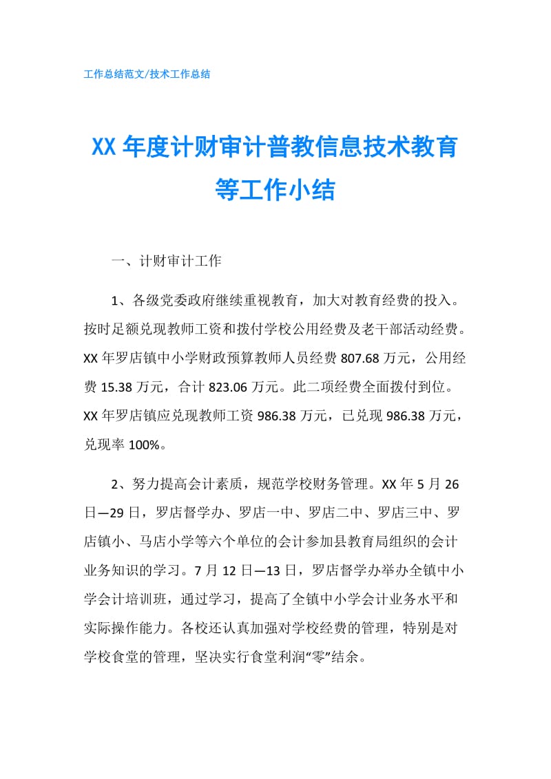 XX年度计财审计普教信息技术教育等工作小结.doc_第1页