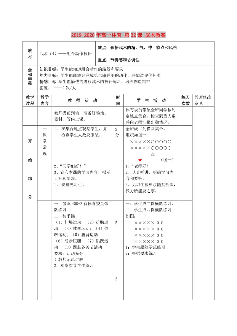 2019-2020年高一体育 第32课 武术教案.doc_第1页