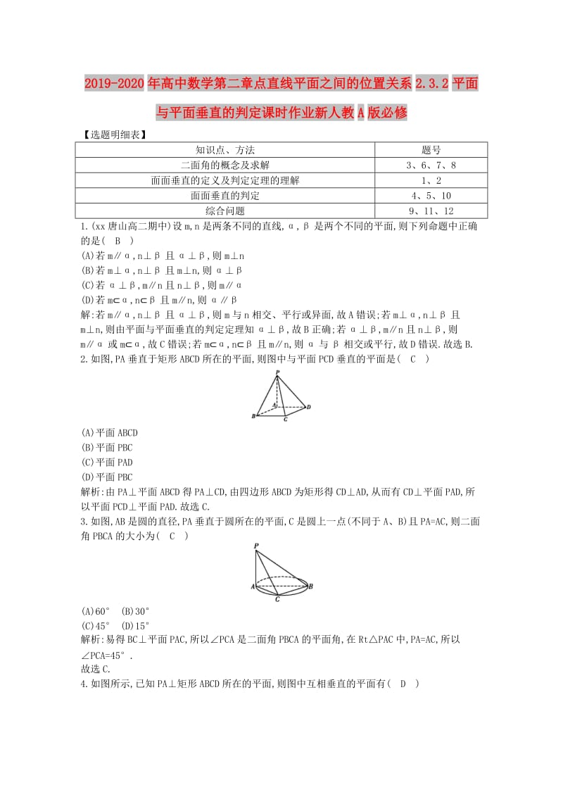 2019-2020年高中数学第二章点直线平面之间的位置关系2.3.2平面与平面垂直的判定课时作业新人教A版必修.doc_第1页