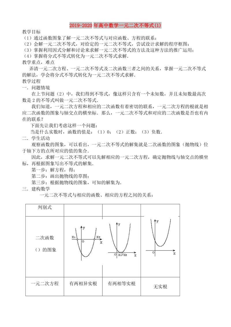 2019-2020年高中数学一元二次不等式(1).doc_第1页