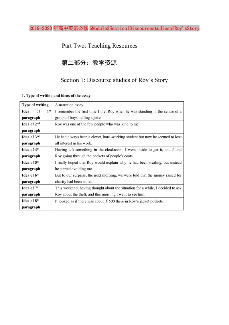 2019-2020年高中英语必修6Module3Section1DiscoursestudiesofRoysStory.doc_第1页