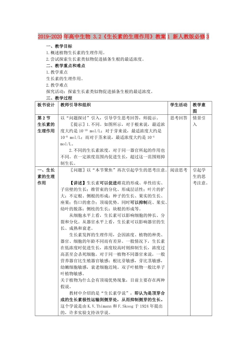 2019-2020年高中生物 3.2《生长素的生理作用》教案1 新人教版必修3.doc_第1页