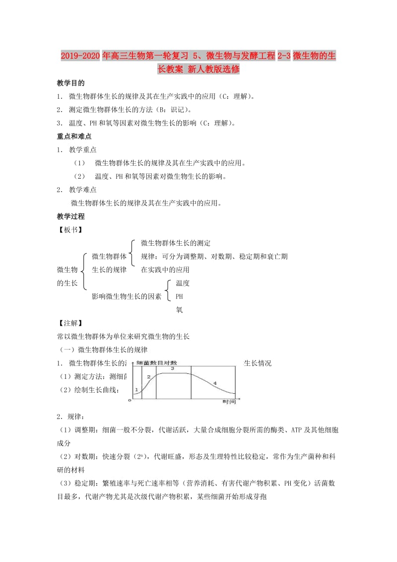 2019-2020年高三生物第一轮复习 5、微生物与发酵工程2-3微生物的生长教案 新人教版选修.doc_第1页