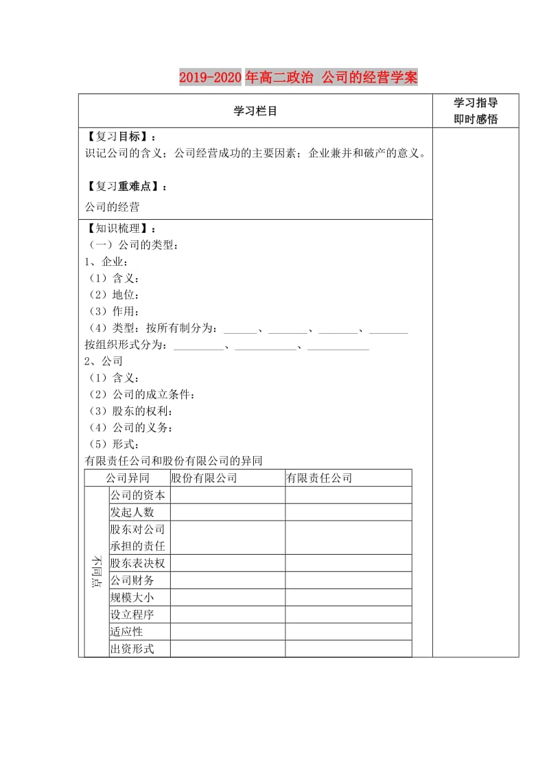 2019-2020年高二政治 公司的经营学案.doc_第1页