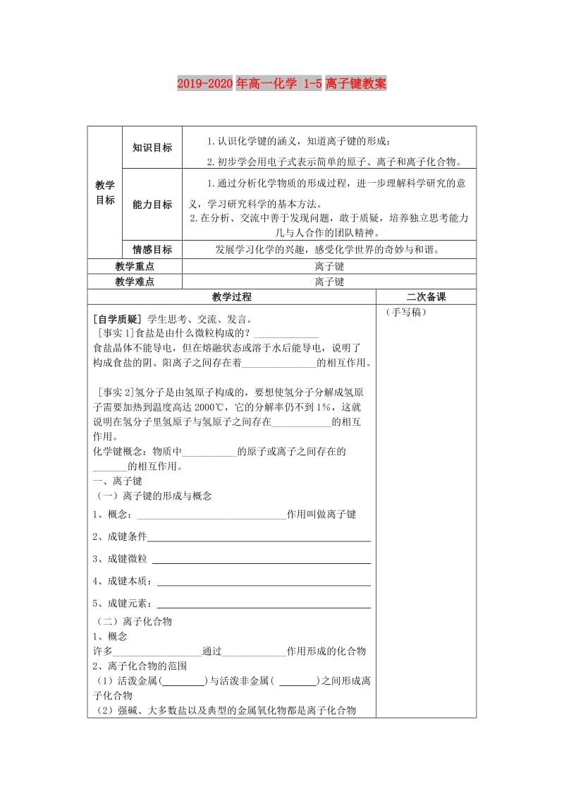 2019-2020年高一化学 1-5离子键教案.doc_第1页