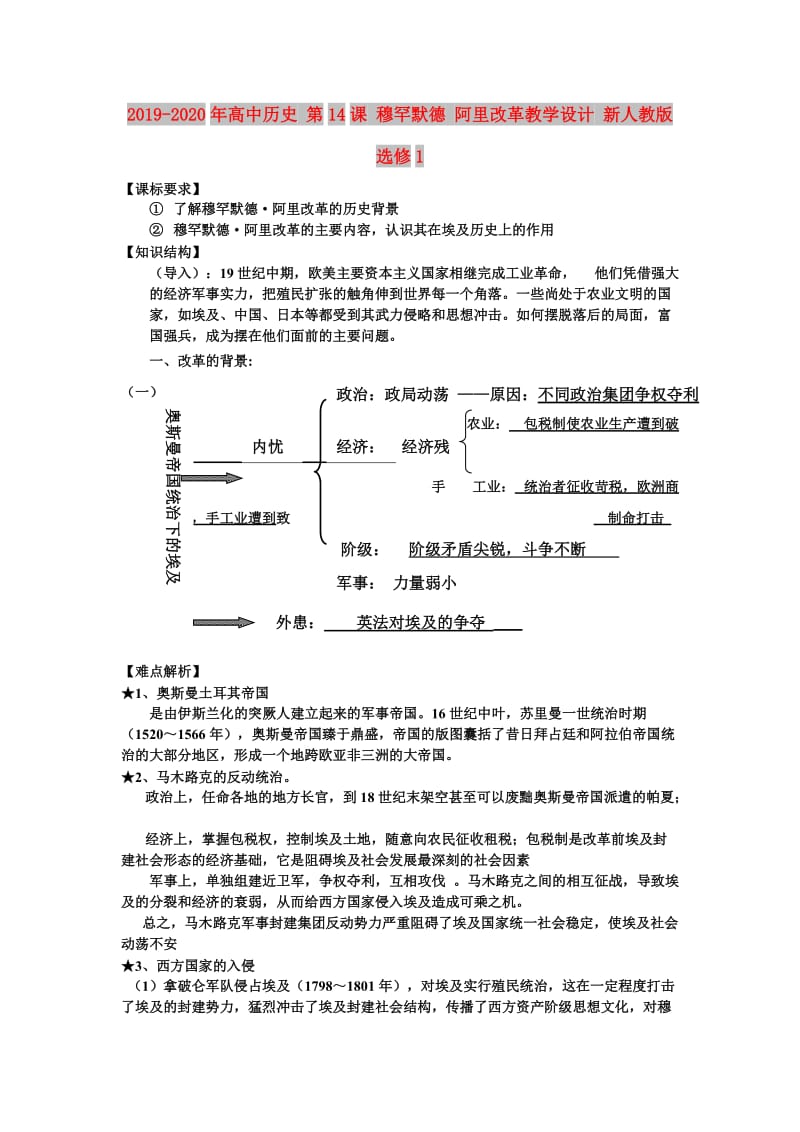 2019-2020年高中历史 第14课 穆罕默德 阿里改革教学设计 新人教版选修1.doc_第1页