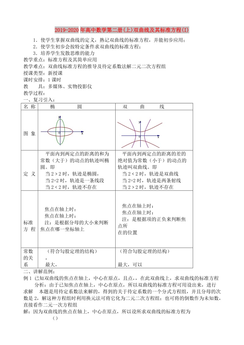 2019-2020年高中数学第二册(上)双曲线及其标准方程(I).doc_第1页