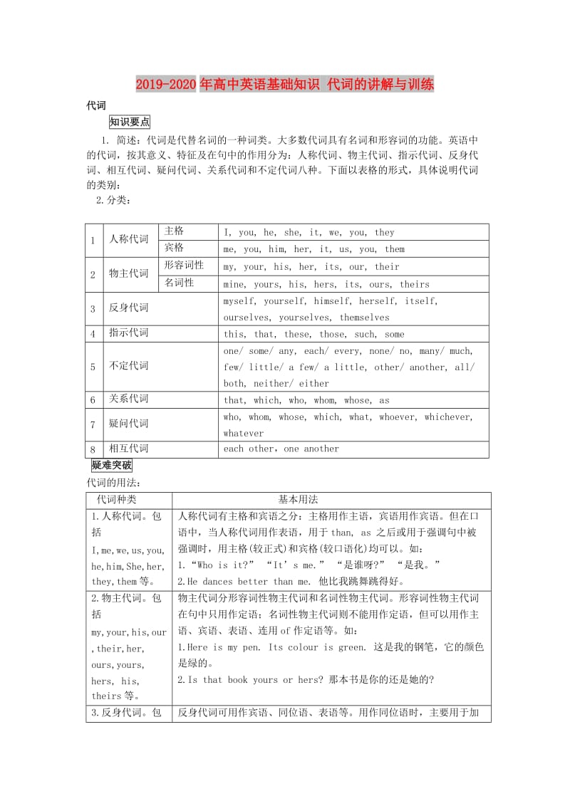 2019-2020年高中英语基础知识 代词的讲解与训练.doc_第1页