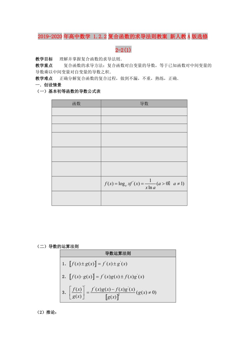 2019-2020年高中数学 1.2.2复合函数的求导法则教案 新人教A版选修2-2(1).doc_第1页